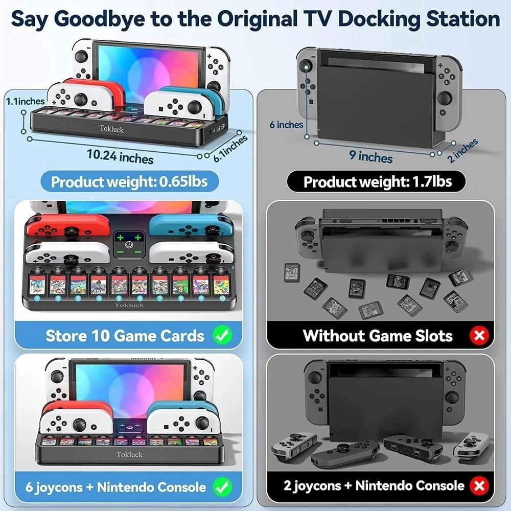 Tokluck NS Docking Station with Controller Charger TV Adapter and 10 Game Slots